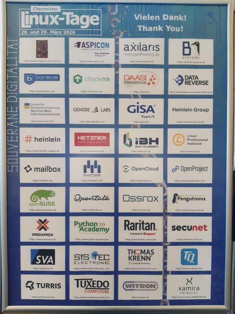 Ein großes Plakat mit den Sponsoren/Möglichmachenden der diesjährigen Chemnitzer Linux-Tage.