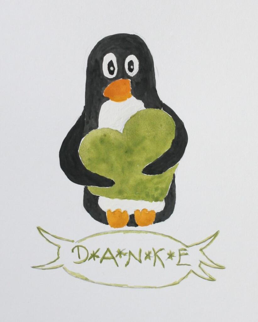Ein gezeichneter Pinguin mit einem grünen Herz in den Flossen und einer Sprechblase mit dem Wort DANKE.