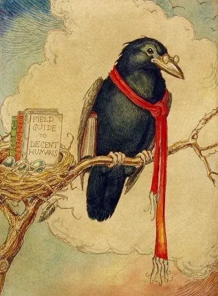 The image features a bespectacled crow wearing a red scarf, sitting in a nest alongside miniature books. 