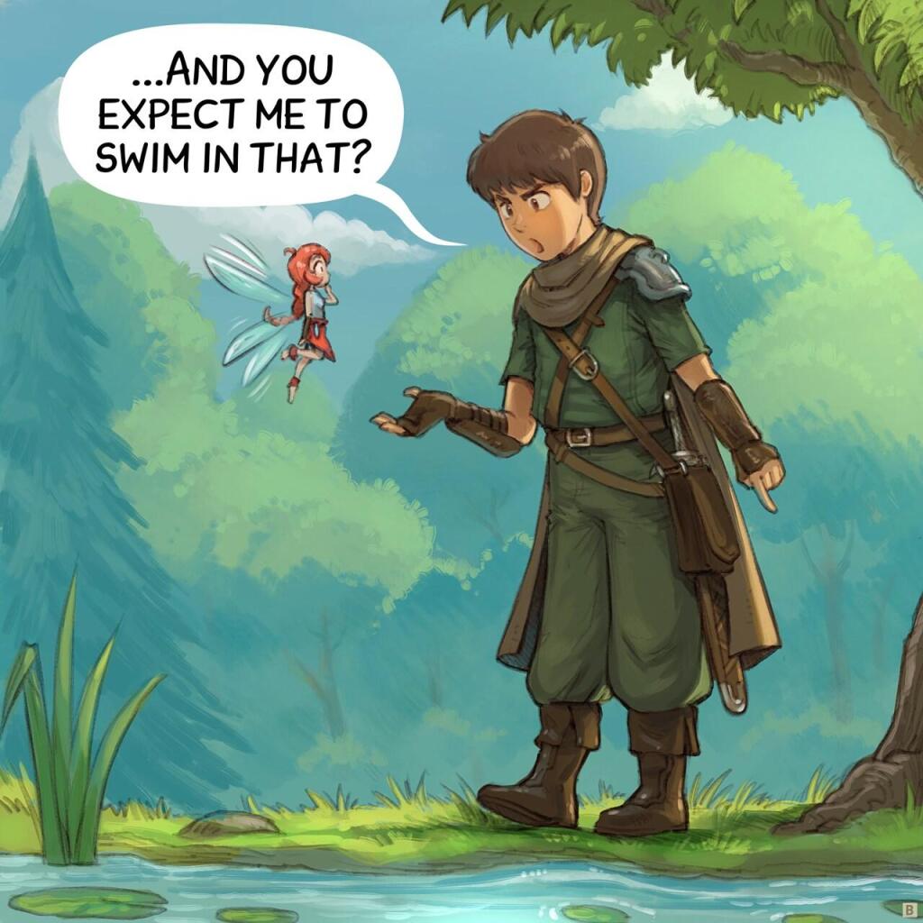 Panel 2. The Adventurer looks skeptical and upset as he points the water's edge.  
> Adventurer: "..And you expect me to swim in that?"