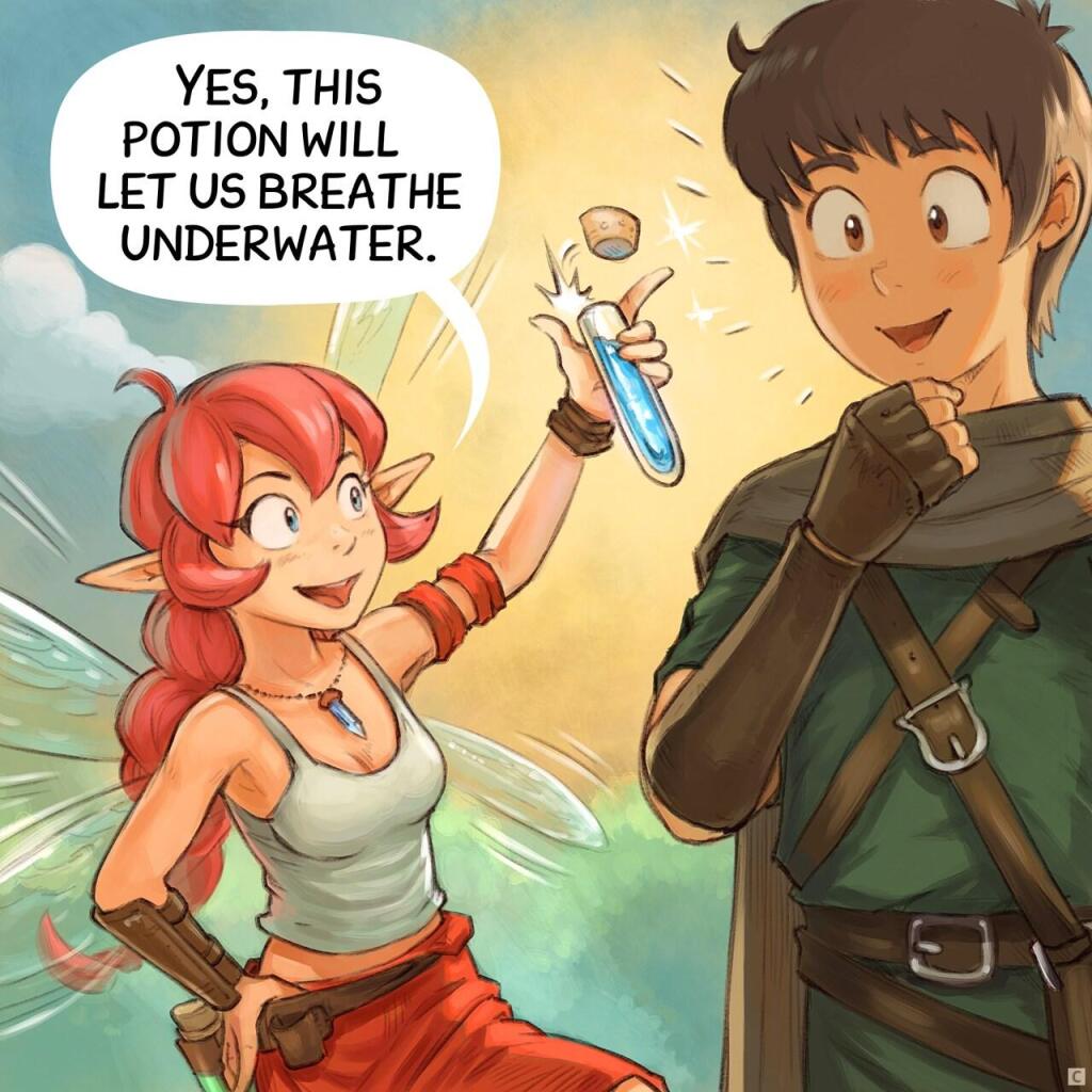 Panel 3. The Pink Fairy happily holds up a small blue potion that she opens with her thumb. The Adventurer is now enthusiast to try it.  
> Pink Fairy: "This will potion let us breathe underwater."