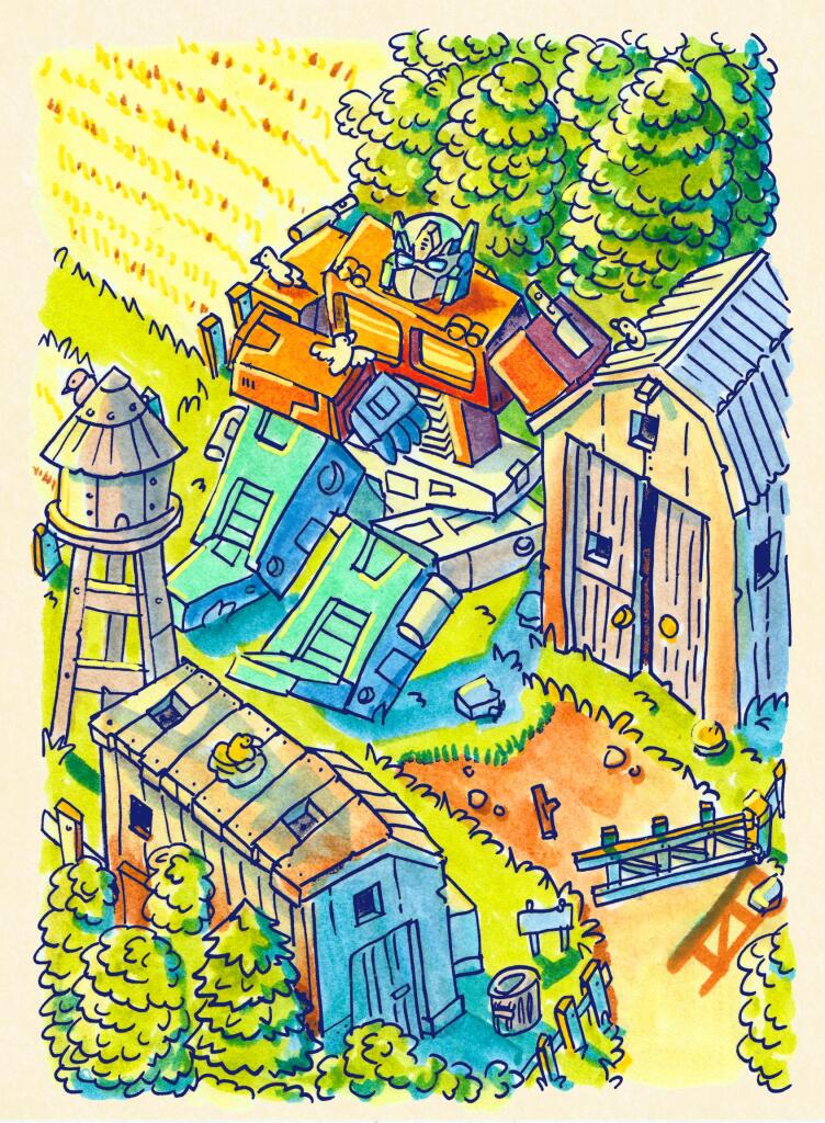 A colourful chill isometric drawing. hand drawn and coloured. Optimus is chilling, sitting behind a barn in a farmland. looking at the birds that just landed on his arm. It’s a nice summer sunset.
