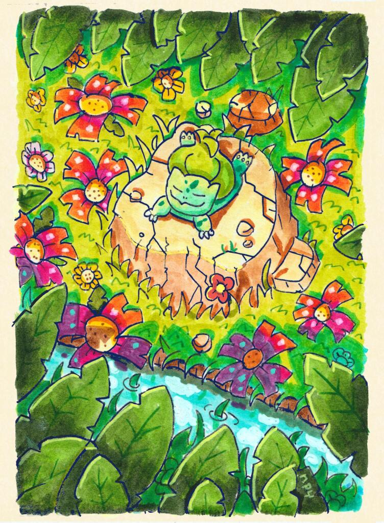 A drawing of pokenon bulbasaur standing on a little rock and just absolutely BASKING in the sun. Taking it allll in. Surrounded by green lush leafs and tropical venusaur flowers. Tropical leafs cast a shadow.