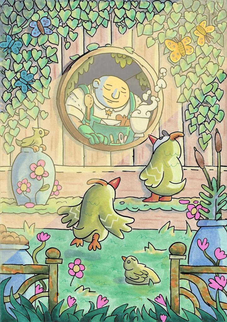 Shopkeeper Boro looks out of his tea shop’s round window with a cup of tea. A spring morning sumbeam illuminates his head. Two pluffin birds approach him joyfully.