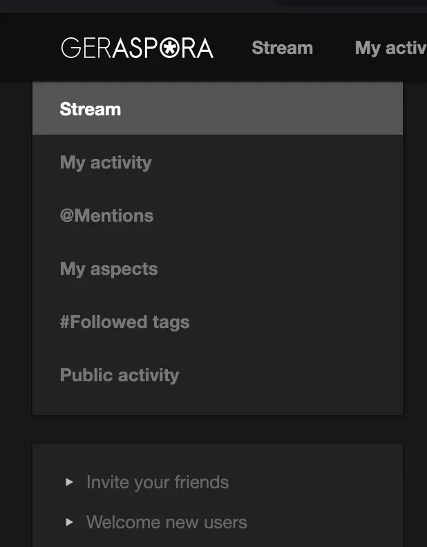 Screenshot of the Geraspora sidebar, showing the available items including the "invite your friends" option