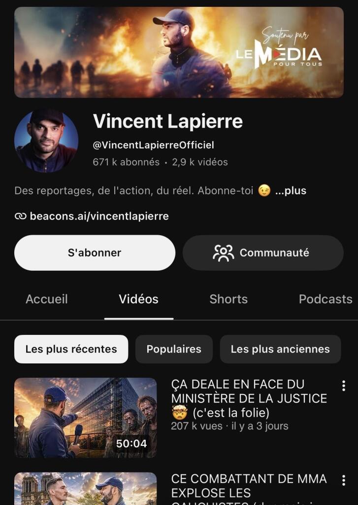 Capture d'écran de la chaîne YouTube de Vincent Lapierre