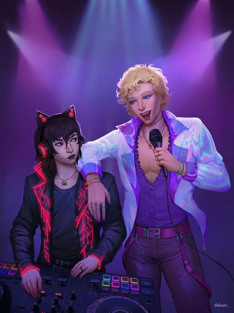 Highly detailed digital drawing showing the cover of the webnovel Fractured Heart, where a half-Asian "cyperpunk goth" with shoulder length black hair wearing a black bomber jacket inlaid with red LED lights in geometric patters and cat ear-shaped headphones is fiddling with dials on a sound mixer board while looking uncertainly at the second figure, who is a tall, muscular blonde man dressed in bright, shiny pink/purple clothing while singing into a microphone while looking at the first figure with an expression that borders between "aren't I so charming" and "please, dear god, please like me"