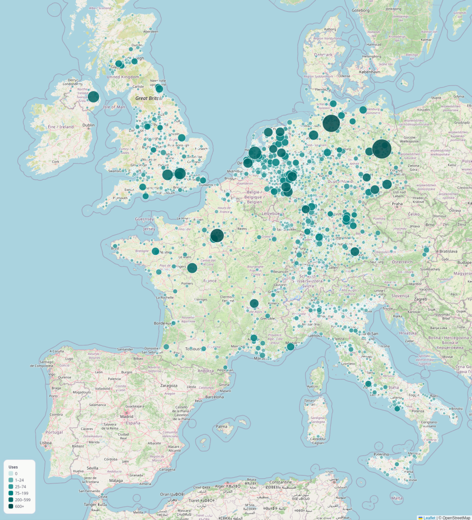 Screenshot of a map with different big dots for different european cities. The most dots are in the netherlands and germany.