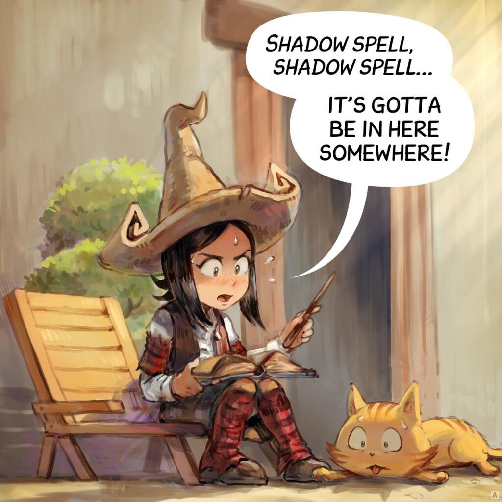 Panel 1. Pepper in hot weather, studying her magic books outside on her little terrace. Carrot is also hot.  
> Pepper: "Shadow spell, shadow spell... it's gotta be in here somewhere!"