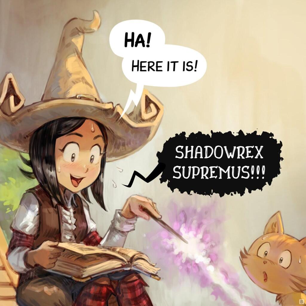 Panel 2. Pepper is pleased: she found it. She is casting the spell.  
> Pepper: "Ha! Here it is! Shadowrex Supremus!!!"