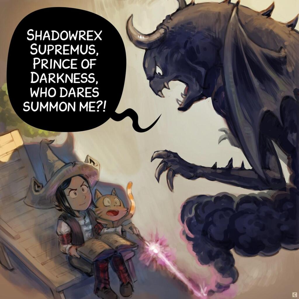 Panel 3. A dark monster appears before Pepper. She smiles, and Carrot is terrified.  
> Shadowrex Supremus: "Shadowrex Supremus, Prince of Darkness, who dares summon me?!"