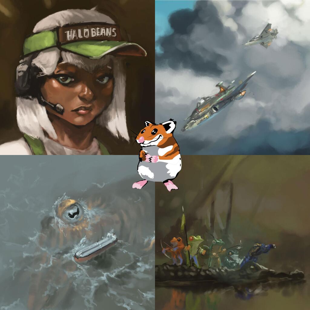 2x2 grid of digital illustrations, showcasing a variety of my own work - a portrait, fighter jets, a giant cuttlefish looking at a tanker, and some anthropomorphic frogs going on an adventure on the back of a crocodile.
In the center is my hamster logo.