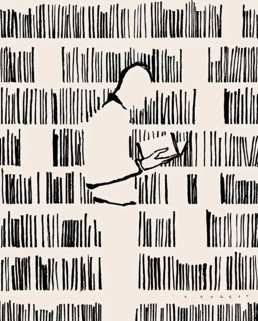 A minimalist black and white art print of a person immersed in a book, with the surrounding background composed  solely of vertical lines resembling a bookshelf.