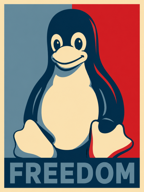 Image in the style of Shepard Fairey of Tux the linux penguin. "Freedom" at the bottom.