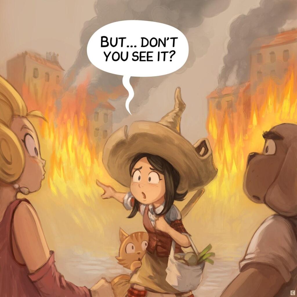 Panel 3. Pepper points at the fire in the background, to the suprise of the lady and man.  
> Pepper: "But... Don't you see it?"