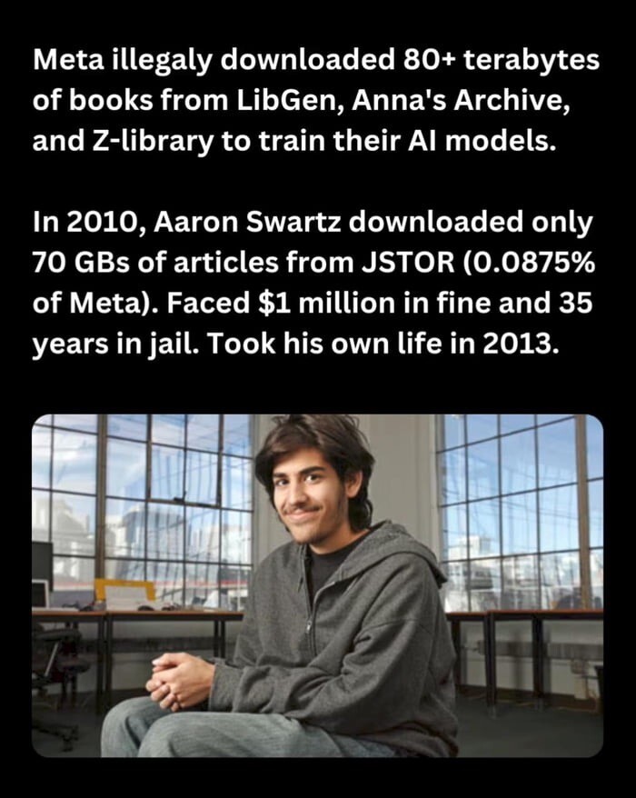Meta illegaly downloaded 80+ terabytes of books from LibGen, Anna's Archive, and Z-library to train their Al models. In 2010, Aaron Swartz downloaded only 70 GBs of articles from JSTOR (0.0875% of Meta). Faced $1 million in fine and 35 years in jail. Took his own life in 2013.