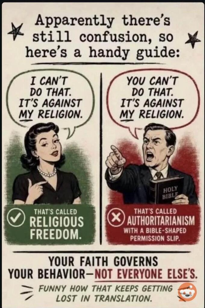 The image features a humorous comparison on the concepts of religious freedom and authoritarianism. On the left, a woman states, "I can't do that. It's against my religion," labeled as "That's called religious freedom." On the right, a man, states “You can’t do that. It’s against my religion - which is authoritarianism. 