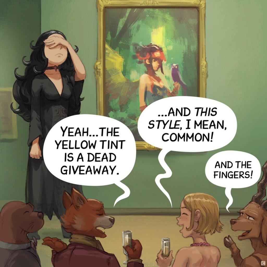 Panel 3. Cepper facepalms as she overhears the audience attempting to justify their observations.  
> Audience: "Yeah...the yellow tint is a dead giveaway."  
> Audience: "...and this style, I mean, common!"  
> Audience (smaller): "And the fingers!"  