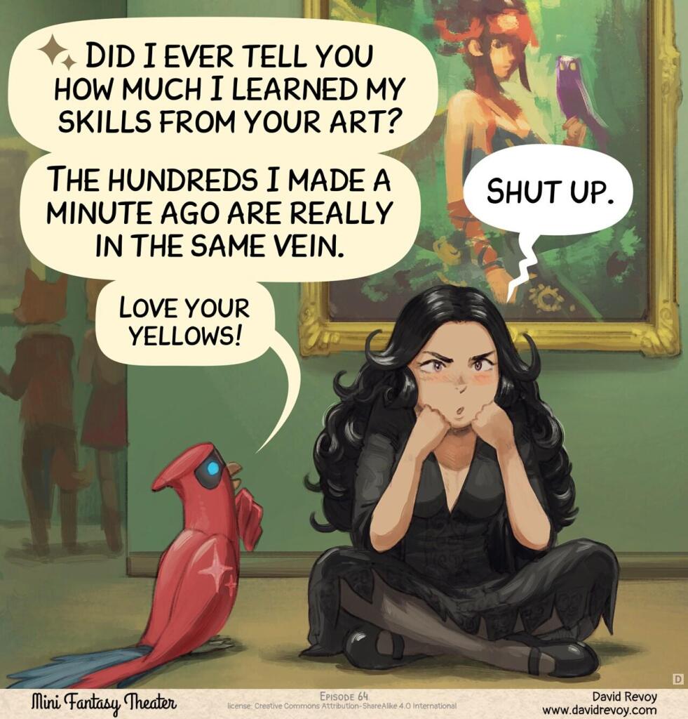 Panel 4. Later, in dim lighting, Cepper sits cross-legged on the floor after the exhibition. The crowd disperses in the background. She stares vacantly, chin resting on her fist, processing what just happened. Beside her, the AI Parrot look at her art.  
> Parrot: "Did I ever tell you how much I learned my skills from your art?"  
> Parrot: "The hundreds I made a minute ago are really in the same vein."  
> Parrot (in small): "Love your yellows!"  
> Cepper: "Shut up."