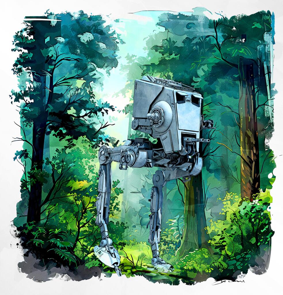 An AT-ST walker picking its way through a lush watercolour forest. Formidable Imperial war machine. Defeated by Ewoks.