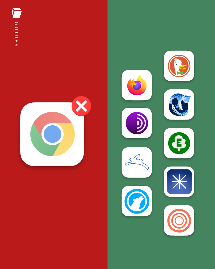 Google chrome logo with a red cross next to it are the app icons of better alternatives to chrome:  Firefox, Tor Browser, Hyphanet, LibreWolf, DuckDuckGo Browser, GNU IceCat, Ecosia Browser, Helium, Zen browser. 