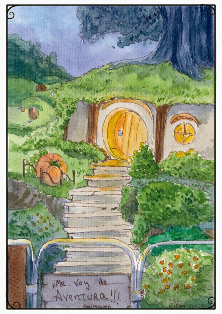 watercolor illustration of a hobbit hole.
Text reads in spanish" Im going on an adventure"