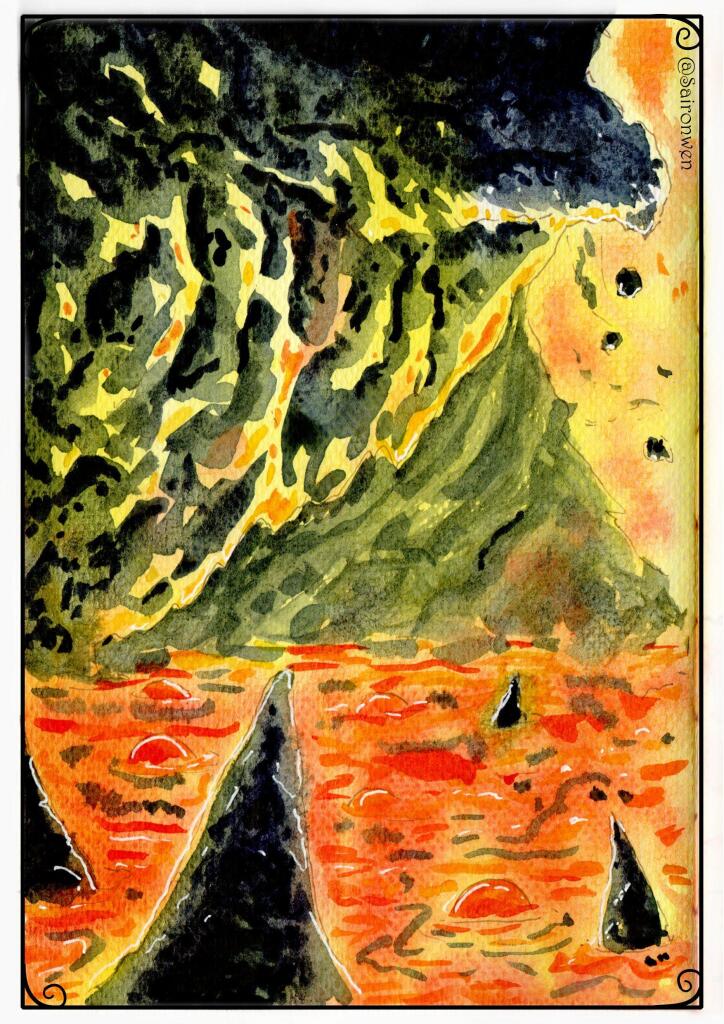watercolor painting 
lava and rocks 