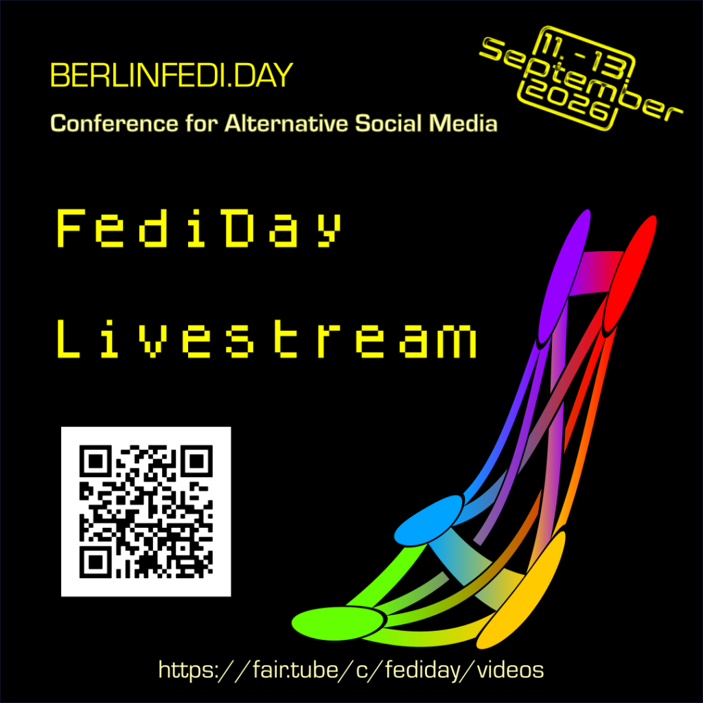 FediDay Livestream, yellow pixel font and melting fediverse symbol. QR code that links to peertube channel: https://fair.tube/c/fediday/videos