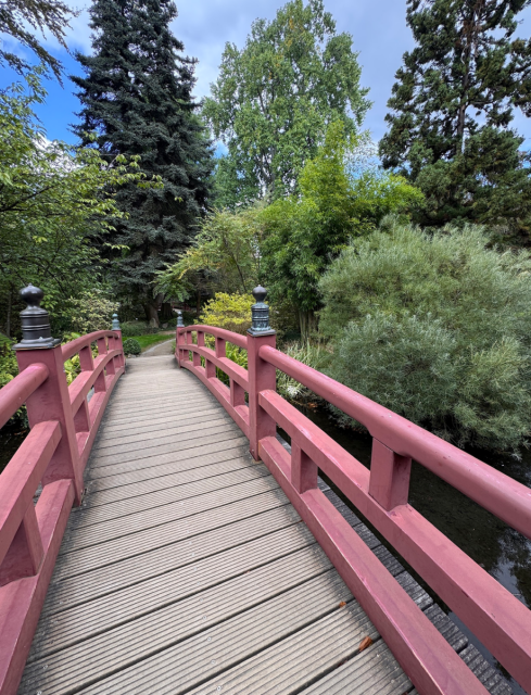 Ein hölzerner Steg mit rot gestrichenen Geländern führt durch einen Garten mit dichtem, grünem Bewuchs. Links und rechts des Stegs stehen verschiedene Bäume und Sträucher, darunter hohe Nadelbäume und Laubbäume. Der Himmel ist teilweise bewölkt, und das Licht wirkt natürlich. Die Geländer des Stegs sind mit dekorativen, dunklen Endstücken versehen.
