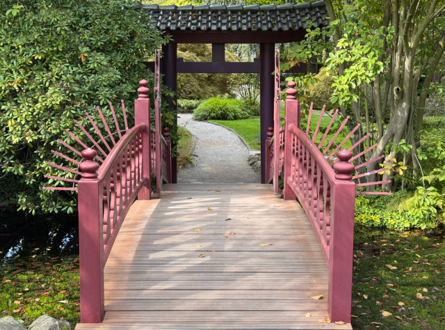 Im Vordergrund führt eine rot gestrichene Holzbrücke mit dekorativen Geländern über einen kleinen Bach. Dahinter steht ein Tor mit dunklem, geschwungenem Dach, das den Eingang zu einem Garten markiert. Der Weg aus hellem Kies schlängelt sich durch gepflegte Grünflächen und wird von Büschen und Bäumen gesäumt. Herbstlaub liegt auf der Brücke und dem Weg.
