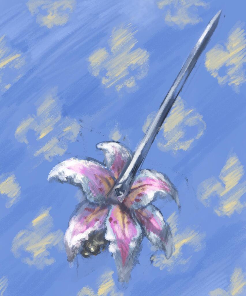Digital painting of fantasy small sword with an elaborate lily hilt. A fluer-de-lis pattern fills the background.