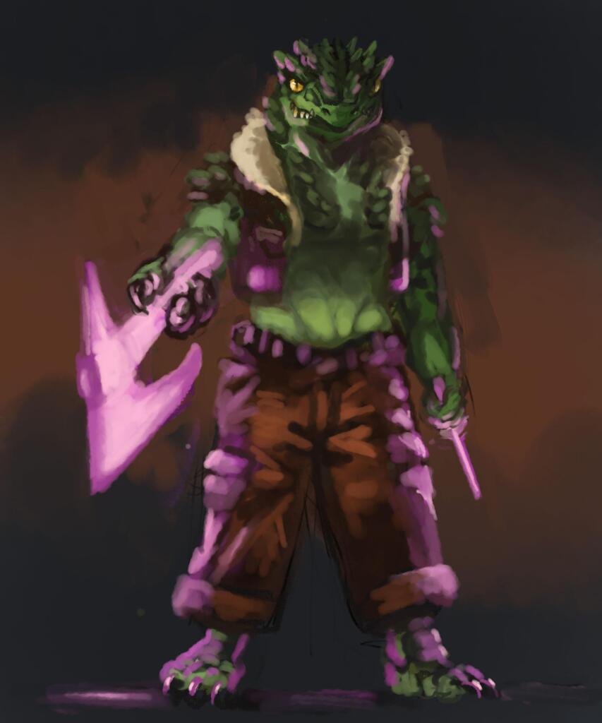 Digital painting of a Vesk Solarian criminal with an energy axe and dagger, glowing magenta.