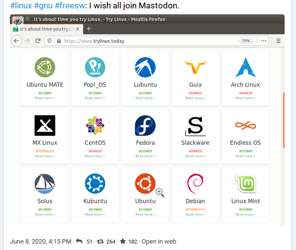 My post about list of GNU/Linux distros we can follow at Mastodon showing a picture of Ubuntu, Fedora, Debian, etc., and with hundreds of reshares and likes and replies. 