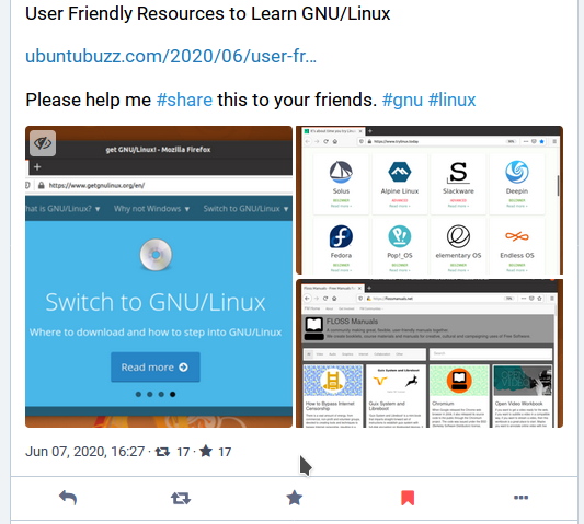 My post titled User Friendly Resources to Learn GNU/Linux with three pictures of getgnulinux.org, and trylinux.today, and flossmanuals.net websites.
