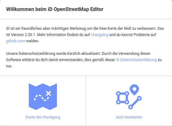 Welcome dialog as shown by the OpenStreetMap editor when opening it up for the first time in a browser