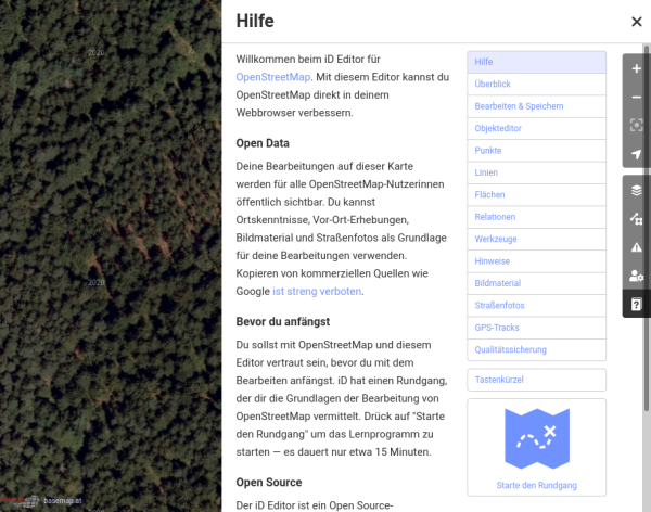 OpenStreetMap editor showing the "Help" information