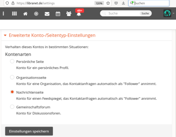 Screenshot aus den Account-Settings von Friendica