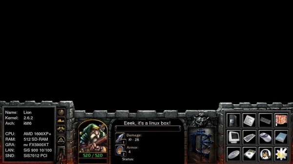 Ancient LILO bootsplash featuring computer details mocked over a Warcraft (RTS computer game) UI. The progress bar for the startup was mapped into the health bar of the "selected unit"