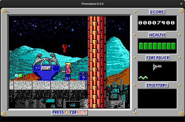 A screenshot of the FreeNukum platformer game with DOS EGA graphics