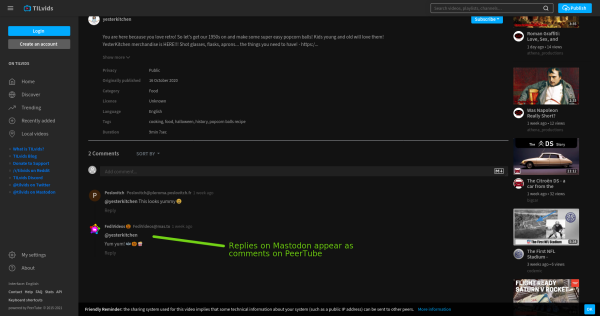 Screenshot of the comments on a PeerTube video, showing how replies to a video made on Mastodon appear as comments below the same video on PeerTube