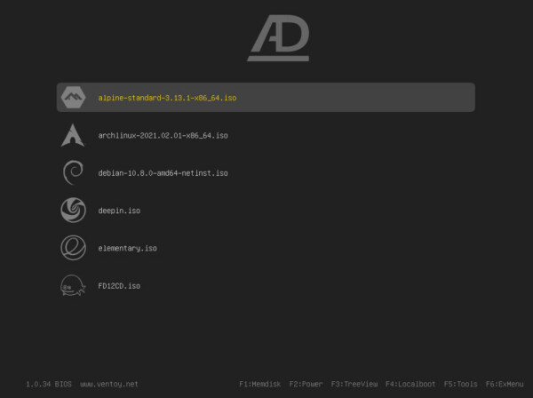 Ventoy Adamsdesk theme screenshot. Boot items listed with associated logos, Alpine Linux, Arch Linux, Debian, Deepin, Elementary OS and FreeDOS.