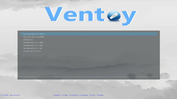 Screenshot of the Ventoy multi boot manager default boot menu. Items listed, Arch Linux, Kali Linux, SpinRite, SystemRescueCD (4 versions), and Ultimate Boot CD.