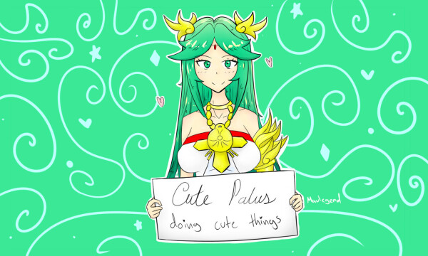 My header picture, drawn by https://maulegend.tumblr.com/ many many years ago. It's a picture of Palutena holding a sign that says "Cute Palus doing cute things," which was the name of my tumblr blog (which is where I first got started waaaay back in 2016, wow!)