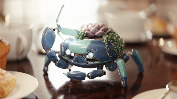 A small crab robot that has succulents growing out of it's top.  The arm is a UV light