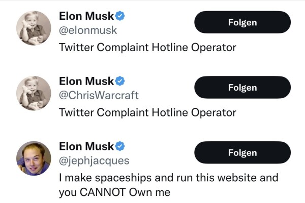 Three people on Twitter, all with the verification badge, all named Elon Musk.