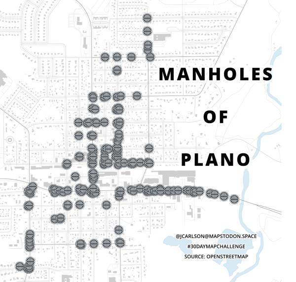 A street map titled "manholes of Plano". Manhole positions are indicated by little manhole lookalike icons.