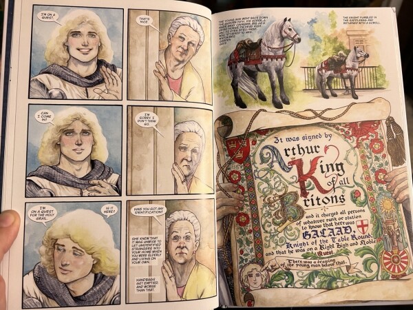 Interior pages from the comic book Chivalry, written by Neil Gaiman and illustrated by Colleen Doran. 
There are two characters, Sir Galaad, who is a young man with blonde hair, and Mrs. Whitaker, an older lady with silver hair. Galaad has just knocked on Whitaker’s front door, asking if she has the holy grail he’s looking for. 