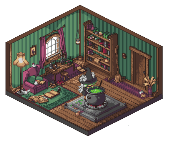 An isometric image of a cozy room in the hut of a witch. Said witch is standing at her cauldron, looking in to a green glowing mix. Behind her there's an armchair with open books around, a little desk with alchemy tools and a filled shelf. All around the room there are her pet chickens resting.