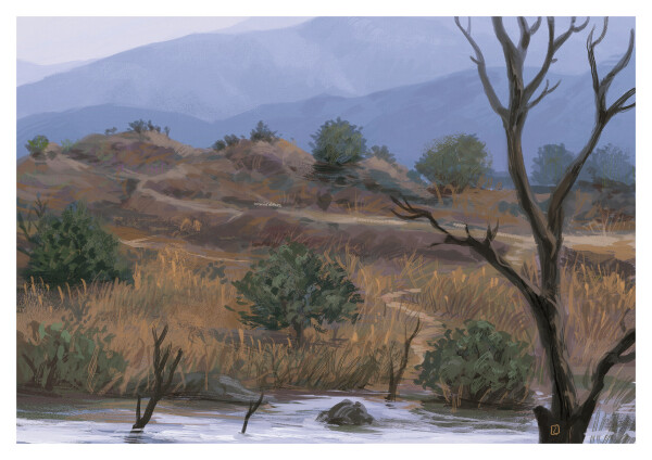 A digital landscape painting painted with krita. There is a river , a hillock and some mountains at the back. The hillock has mostly dried grass of ochre colour and the mountains are bluish in colour