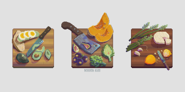 tree planks on the white canvas: 1st plank is covered with slised avocado, toasts, knife; 2nd plank is covers with a cleaver knife, asparagus, figs and pumpkin; 3rd plank is covered with cheese, lemon and garlic; all in bright colors, done in pixel art